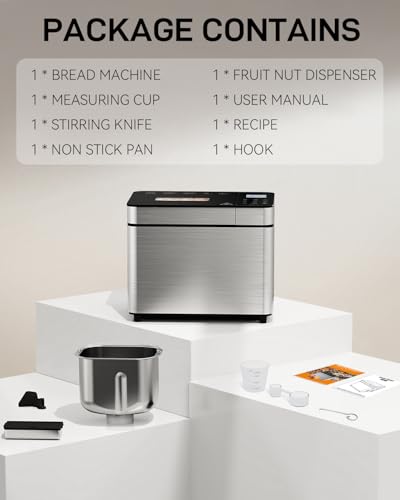 Image of MERIOR 25-IN-1 Bread Maker with Visible Lid | 2lb Automatic Machine, Auto Nut Dispenser, 13-Hour Delay Timer, One-Touch Control & Recipes - Easy Operation, High Success for Homemade Bread. Light Gray