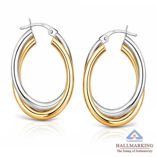 Image of TRUESILVER ACPL 925 Sterling Silver Hoop Earrings for Women | BIS Hallmarked Two-Tone & Three-Tone Intertwined Hoop Earrings | Oval & Round Lightweight Jewelry