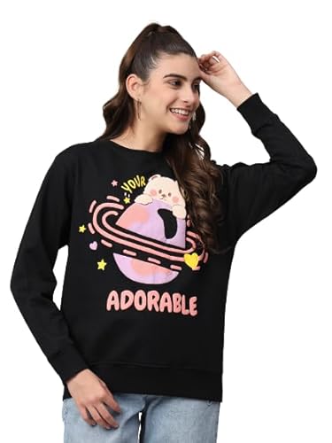 Womens Black Color Full Sleeves Puff Print Loose Fit Sweatshirt