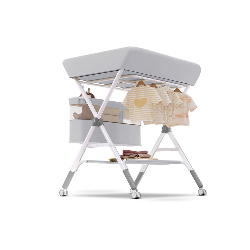 Table à Langer Pliable 2-en-1 - Structure Acier Renforcé 25 kg - Panier de Rangement Latéral Ergonomique 0-12 Mois (Gris)