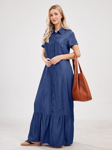 utcoco Womens Short Sleeve Denim Maxi Dress Casual Loose Fit Button Down Long Jean Dresses3