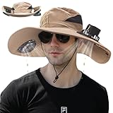 Solar Fan Hat, Solar Powered Fan Hat with 2 Solar, Wide Sun Hats for Men Women, Outdoor Hiking Camping with Fishing Hat Beige