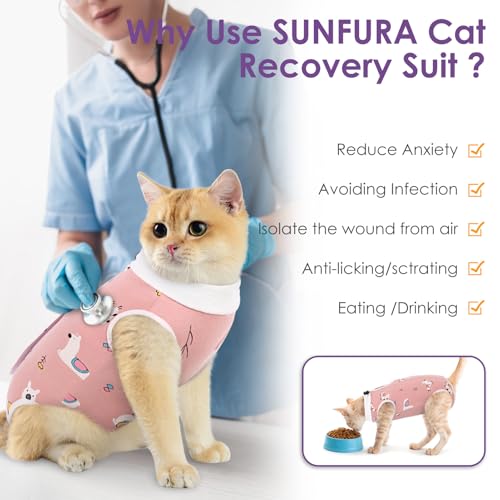 Image of SUNFURA Cat Recovery Suit, Kitten Surgical Full Bodysuit for Abdominal Wound Protector Anti Licking After Surgery, Professional Bandages Cone E-Collar Alternative for Small Male & Female Pets
