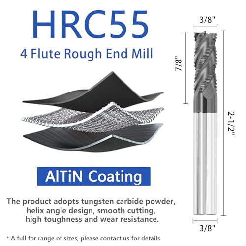 Image of 3 /8 inch Solid Carbide Roughing End Mill 4 Flute Square Endmill CNC Milling Bits with AlTiN Coated for Alloy Steels /Hardened Steels