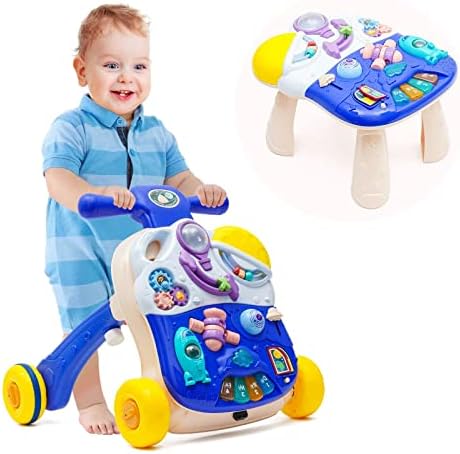 Baby Walker Sit-to-Stand Learning Walker Baby Walker Kids Activity Center Entertainment Table Steering Wheel with Piano Keyboard Lights Beads Educational Push Toy for Babies Toddlers (Blue)