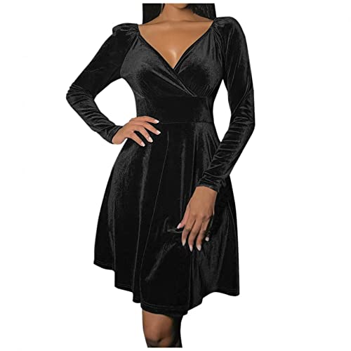 Langarm Winter Kleider für Damen Einfarbig V-Ausschnitt Samtkleid Elegant A-Linie Freizeitkleider High Waist Kurz Abendkleid Rockabilly Kleid Herbst Winter Ballkleid Partykleid Cover