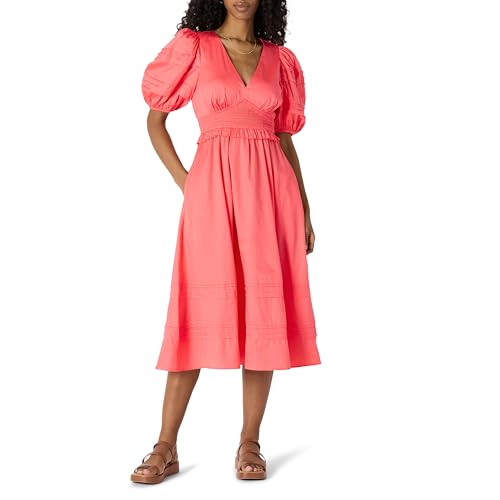 Image of Amazon Essentials Women's Regular-Fit Cotton Sateen Puff Sleeve Midi Dress, V-Neck