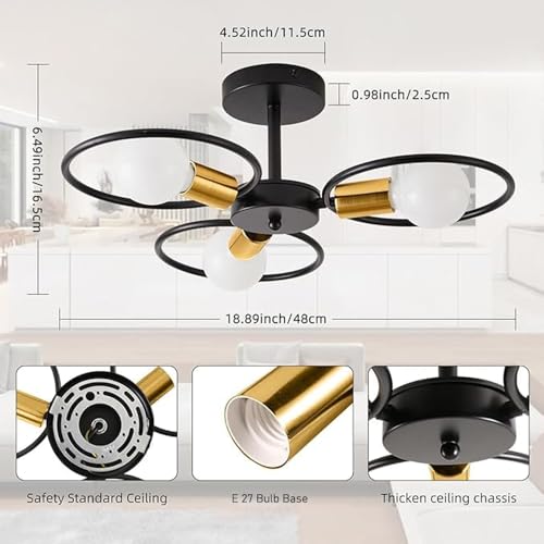 Image of SINOMAN Metal Modern Ceiling Light Fixture 3- Wheel Light Semi Flush Mount Black Finish, Industrial Round Cage Design, E27 Base for Living Room, Bedroom, Dining Room and Home Decor (with Bulb)