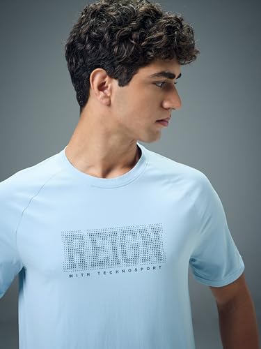 Image of TECHNOSPORT Men's Typography Printed T-Shirt COTFLEX Quick Dry Slim Fit Round Neck Sports Tee for Gym Running Casual Wear UPF50+ Anti Odour