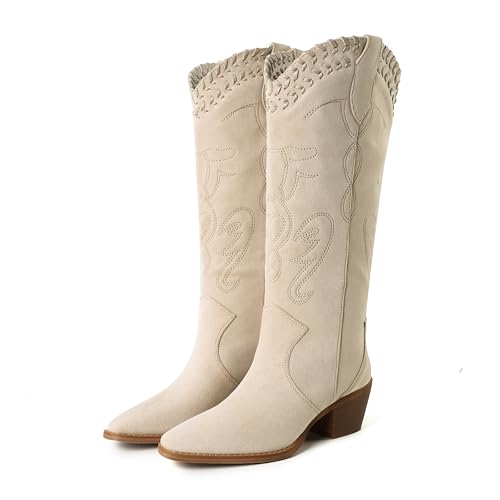 Image of Reitoye Cowboy Boots for Women Embroidery Western Cowgirl Knee High Chunky Heel Boots with Pull-Up Tabs