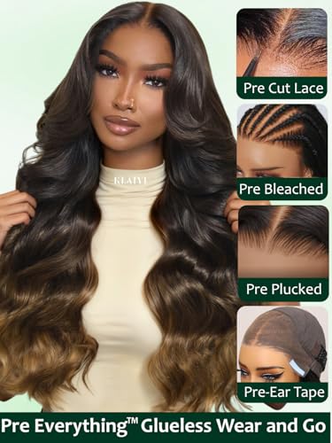 Image of KLAIYI Ombre Brown Loose Body Wave 13x4Pre Everything Lace Frontal Chestnut Brown Drawstring Wig with Face Framing Layers Precut Lace Pre Plucked Bleached Bye Bye Knots Ready to Wear and Go Wig 26Inch