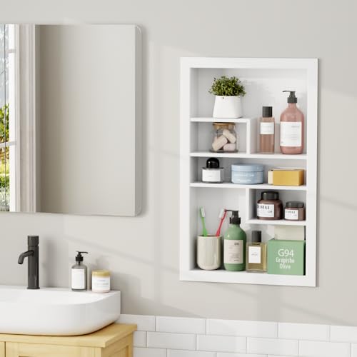 Giklux Stainless Steel Recessed Medicine Cabinet 14 * 24, Rust-proof Metal Wall Niche, In Wall Shower Niche Shelf Insert Replacement, Recessed Medicine Cabinets for Drywall, with 5 Compartments, White