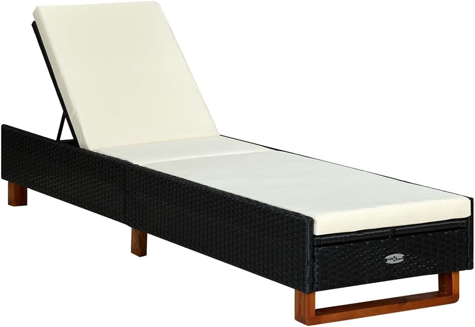 vidaXL Patio Lounge Chair, Sunlounger with Adjustable Backrest, Sunbed with Cushion, Pool Lounge Chair for Backyard Poolside Porch, Black Poly Rattan
