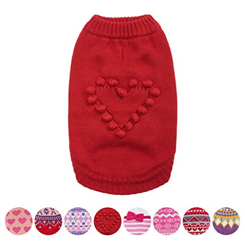 Blueberry Pet Heart Dog Sweater Valentine’s Day Clothes for Small Girl Dogs, Red Pullover Crewneck Holiday Apparel for Love of Pets, Back Length 10”