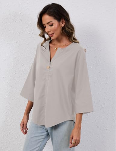 TERIVEEK Summer Linen Shirts for Women Button Down V Neck 3/4 Sleeve T-Shirt Blouse Casual Basic Tunic Tops Apricot — view 6