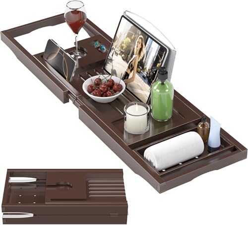 Foldable Bathtub Caddy Tray for Tub,Bamboo Expandable Bath Table Trays,Premium Bathroom Accessories for New Home & Mothers Day & Birthday Gifts for Couples,Brown