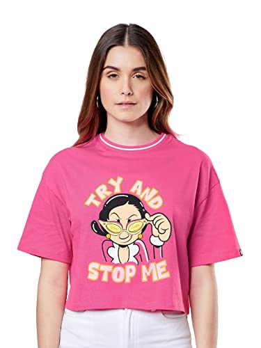 Image of The Souled Store|Official Popeye: Try and Stop Me Women and Girls T-Shirts|Half Sleeve|Loose Fit Graphic Printed|Round Neck 100% Cotton Pink Women Oversized Crop Tops