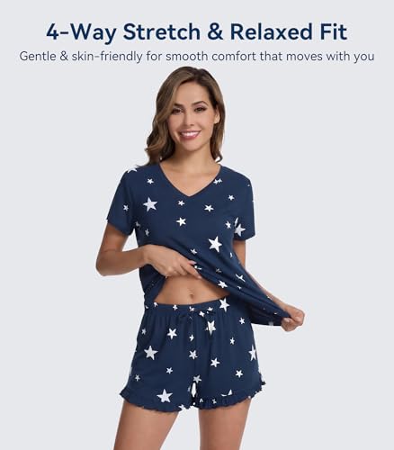 Image of WiWi Womens Pajamas Set Bamboo Viscose Super Soft Short Sleeve Top Ruffle Shorts Sleepwear Cooling Pj Sets S-XXL