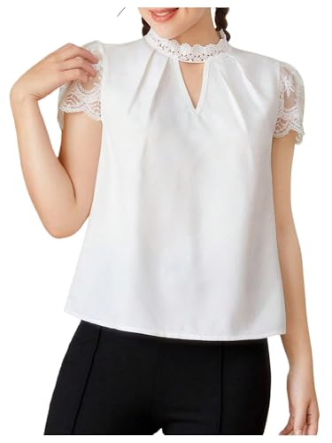 SweatyRocks Girl's Mock Neck Lace Blouse Cut Out Puff Short Sleeve Pleated Shirts