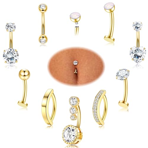 FIASASO 9 Pcs Belly Button Ring - Surgical Stainless Steel Floating CZ Heart Clicker Belly Piercings for Women Navel Belly Piercings Jewelry Pack 14K Gold Plated 10mm