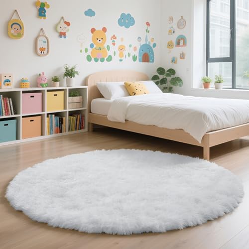 White Fluffy Round Area Rugs for Bedroom,3'X3'Shag Circle Area Rugs for Girls Room,Non Slip Fuzzy Plush Rug for Kids Room Living Room and Dorm Home Decor Rug