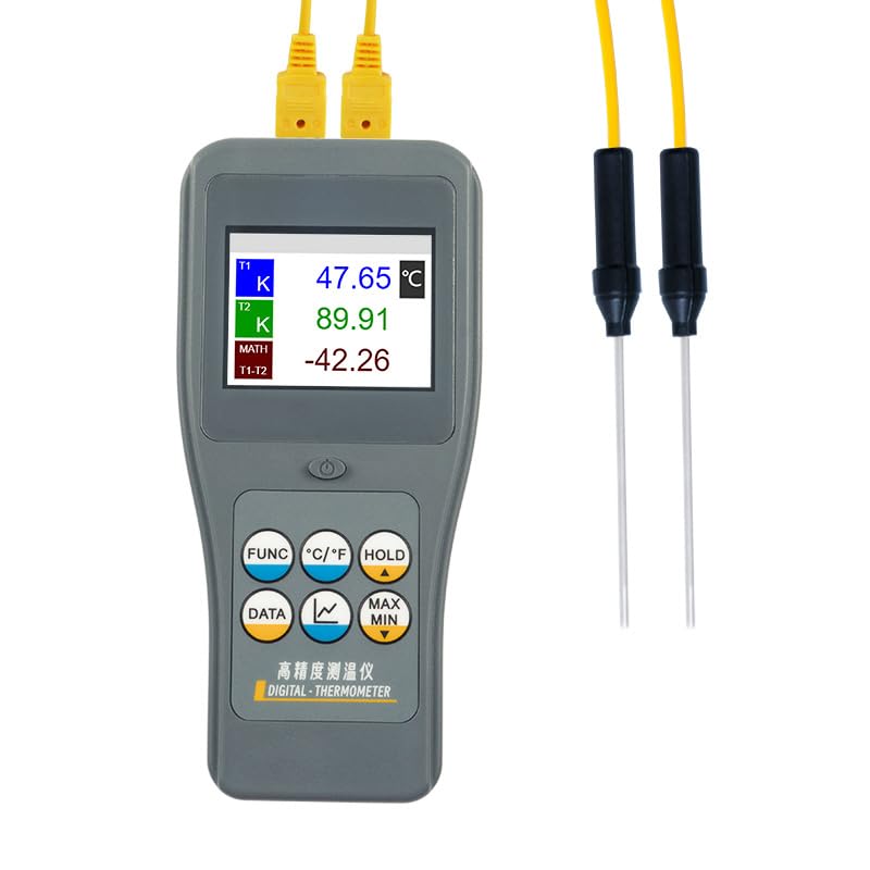 Precision Thermocouple Thermometer, Dual Channel, 7-Type Probe Support, 0.01°C/°F Display, Real-Time Graph & 99-Group Storage