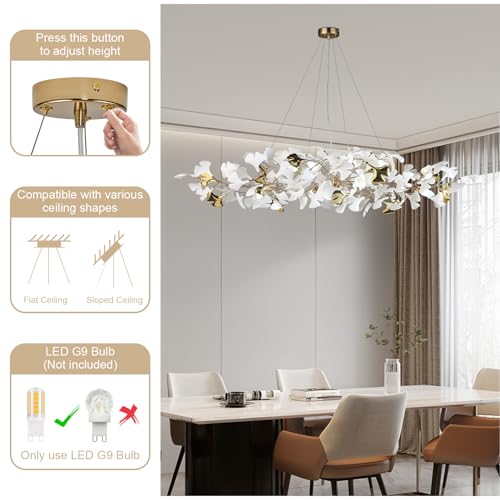Image of 59 Inch White Rectangle Chandelier Gold Ceramic Ginkgo Leaf Chandeliers Brass Large Chandelier Modern Hanging Lights Fixture for Living Room Dining Room Kitchen Island,10-Light