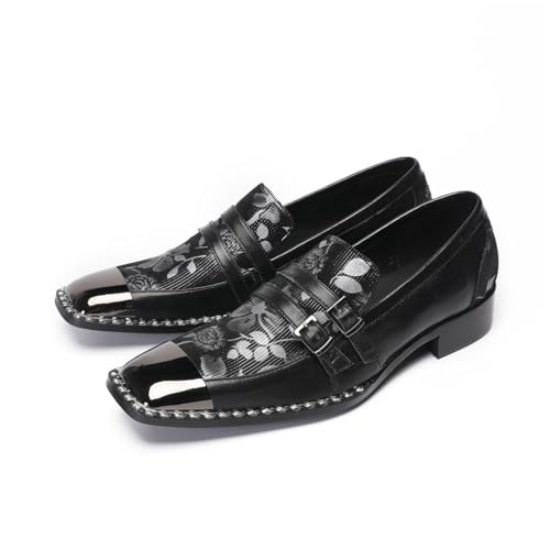 Men's Dress Loafers Slip on Patent Leather Loafers Floral Print Pattern with Buckle Square Toe Metal Toe Cap Western Wedding Party Shoes