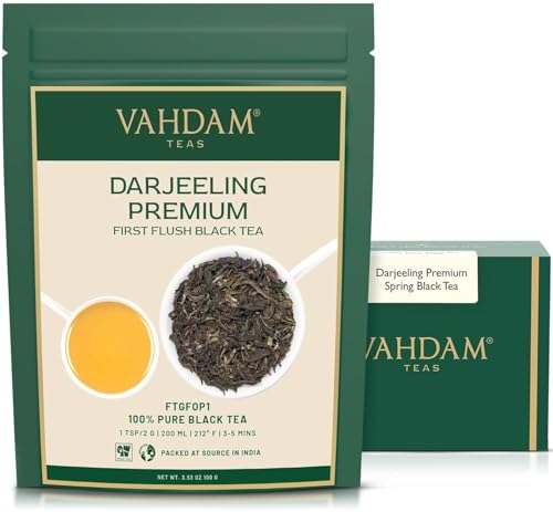 VAHDAM, First Flush Darjeeling Tea - (100g) | Loose Leaf Black Tea - Flowery, Aromatic & Delicious | Champagne Of Teas | Mellow & Fragrant | Direct From India | Vacuum Sealed