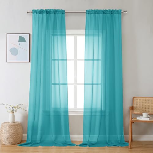 Image of Chyhomenyc Sheer Turquoise Curtains 90 inches Long 2 Panels, Light Filtering Soft Airy Solid Elegant Voile Window Treatment Drapes for Bedroom Living Room Wedding Party Decor, 42 Wx90 L Inches