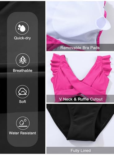 Image of Aleumdr Women's One Piece Swimsuit Ruffle Cutout Swimdress Tummy Control V Neck Wrap Swimwear