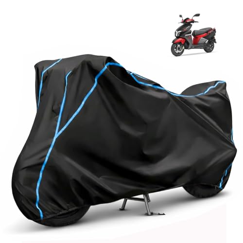 Image of Compatible with TVS Ntorq 125 Waterproof Two Wheeler Scooter Body Cover Water Resistant, Heavy Duty, UV Rays, Dust & Scratch Protection for All-Modal & Variants (Black,Sky Blue Piping)