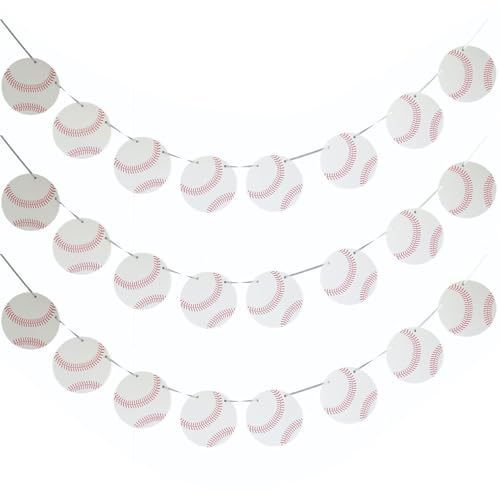 3 Pieces Baseball Banner Baseball Party Decorations,Classic Red & White Paper Baseball Garland,Team Party Decor for Locker Room,Opening Day,Birthday Party,Baby Shower,Sports Celebration Supplies