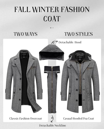 Chrisuno Men's Classic Long Pea Coat Warm Wool Blend Winter Trench Coat Single Breasted Overcoat with Detachable Collar4