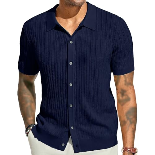 PHJTOMK Mens Knit Short Sleeve Shirts Button Down Vacation Polo Shirts Hollow Out Cuban Collar Shirt (Blue 1-1,Small)