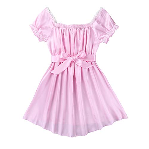 Sywiyi Men's Satin Ruffle Nightdress Short Sleeve Nightgown Lace Trim Slip Dress Sissy Crossdresser Sleepwear4