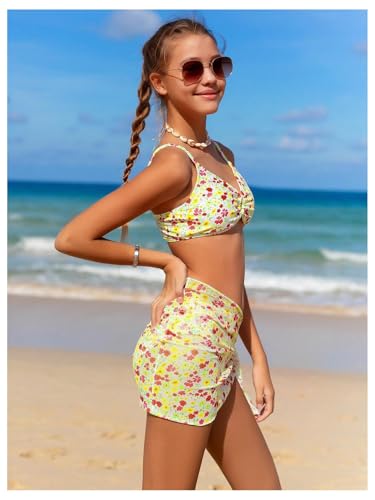 Image of OYOANGLE Girl's 3 Piece Bikini Sets Floral Print Spaghetti Straps Cute Swimsuits with Beach Skirt Bathing Suits