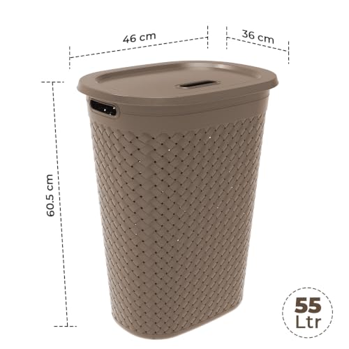 Image of KOLORR Stitch Laundry Basket 55L Woven Design Plastic Laundry Basket with Lid - Durable Organizer for Clothes, Towels, Laundry & Home Storage Pack of 1 With Lids - Light Brown
