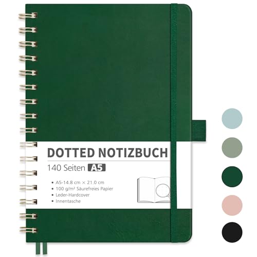 RETTACY Notizbuch A5 Dotted, Bullet Dot Journal mit 100 g/m² Dickem Papier, 70 Blatt, Notebook für Büro und Schule, Lederhülle, Lederhülle, 14.8 cm x 21 cm