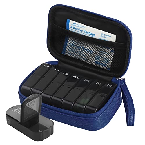Tablettenbox 7 Tage Pillendose Morgens Abends Tragbare PU Leder Pillentasche mit Reißverschluss Medikamentenbox Wochenbox für Medikamente Kapsel Vitamine Fischöl (Blau) Cover
