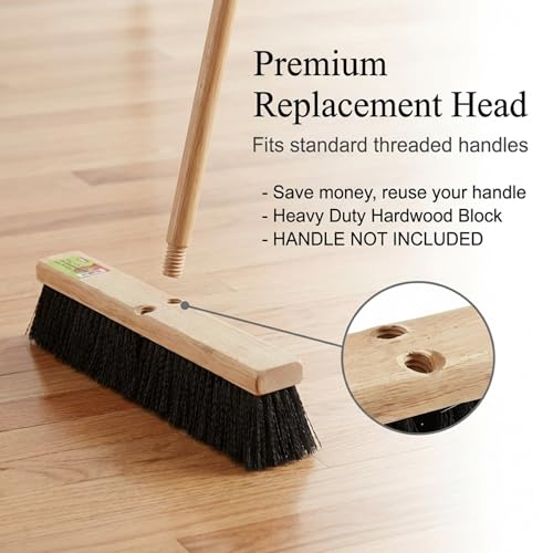 Image of Black Indoor Push Broom Head - Heavy Duty Hardwood Block - Polypropylene Bristles - Deck Scrub Brush - Two Threaded Handle Holes for Better Assist (16 inch)