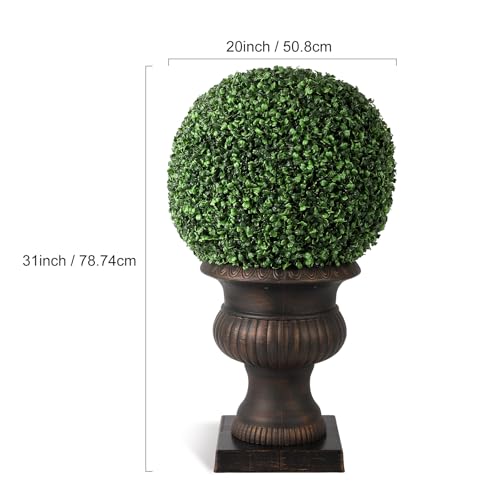 20” Artificial Plant Topiary Ball, Pre-Lit Artificial Topiary Plant with 50 Lights, Timer and Remote Control, Artificial Outdoor Porch Trees with Sturdy Pot for Outdoor Indoor,Red Urn Base 2 pcs
