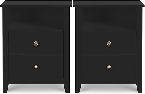 Vikiullf Mesitas de noche negras con cajones juego de 2 soportes de noche modernos para dormitorio mesitas de noche de madera con 2 cajones de