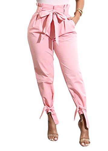 Yissang Women's Casual Loose Paper Bag Waist Long Pants Trousers with Bow Tie Belt Pockets Pink X-Large