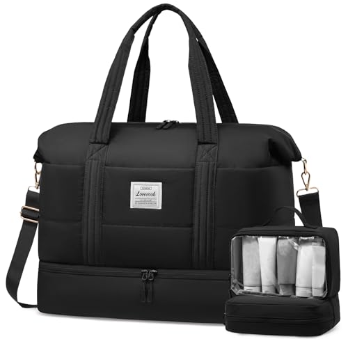 LOVEVOOK Travel Duffle Bag for Women, 3Pcs Puffer Large Weekender Overnight Bag with Shoe Compartment, Water Resistant Gym Duffel Bag, Carry on Bag for Hospital Delivery with Toiletry Organizer