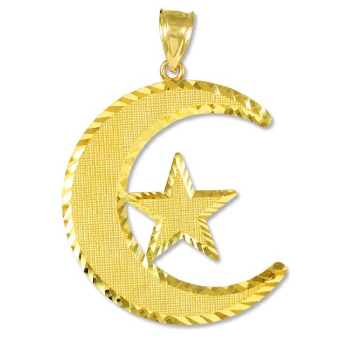 14k Gold Islamic Charm Crescent Moon and Star Pendant