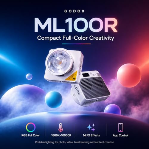 Godox ML100R Kit3 Lampa wideo LED RGB z ładowarką BG-02, wymienny reflektor obiektywu 15° i 36°, 1800-10000 K CCT, 14 efektów kinematograficznych FX, sterowanie aplikacją