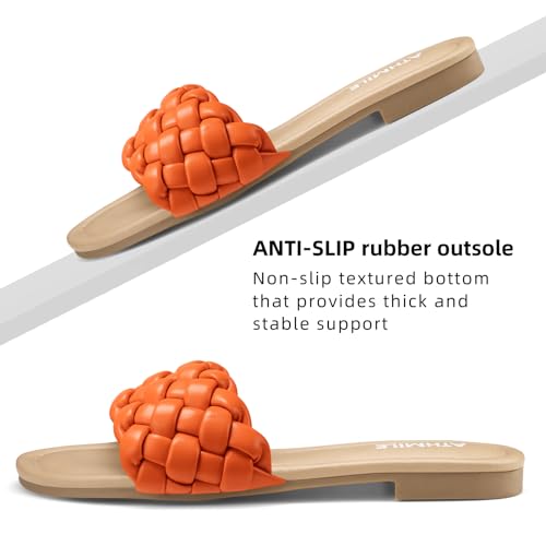 Image of ATHMILE Braided Sandals for Women, Open Toe Flat Summer Slides, Nude Sandal | Woven braided upper with round open toe design, lightweight flat style for beach trips, vacations, and summer outfits.
