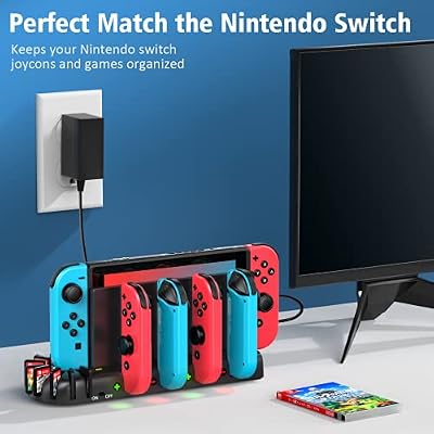 Switch Controller Charger Dock Station Compatible with Nintendo Switch Accessories & OLED Model Joycons, KDD Joycon Charging Dock Station with Upgraded 8 Game Storages, Game Accessories
