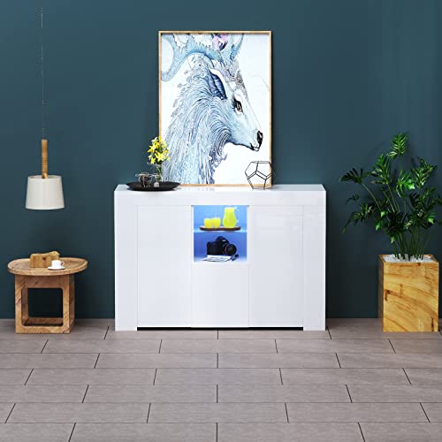 Armcone Led Sideboard Buffet Cabinet High Glossy Front Kitchen Sideboard With Storage Large Buffet Table Wooden Bar Cabinet For Kitchen Dining Room Hallway Living Room (45.67" Wx13.82 Dx31.89 H) #TOP4
